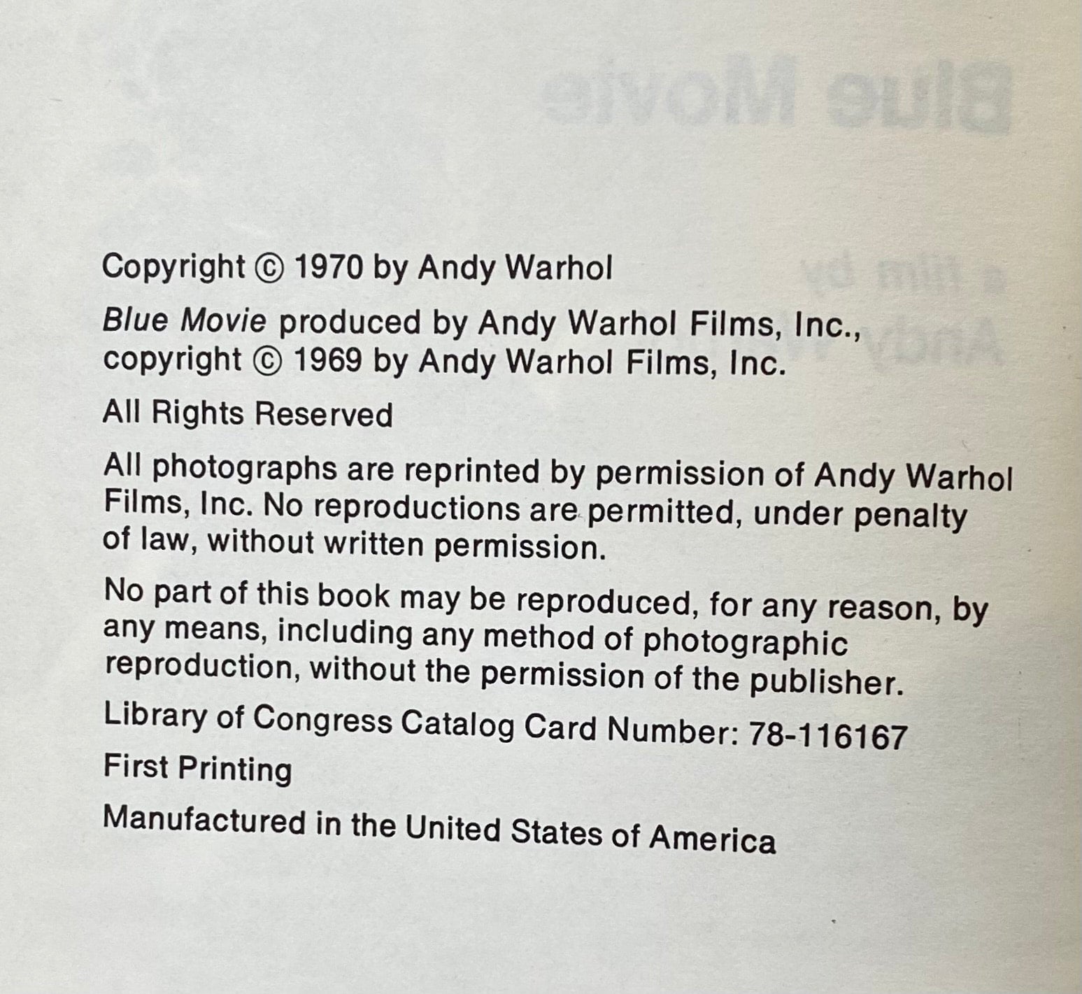 Andy Warhol: Blue Movie - Grove Press - First Printing 1970 | Bottom Feeder  Books 415 Gettysburg St. Pittsburgh, PA 15206 412-231-9577 Wednesday-Sunday  12-6.